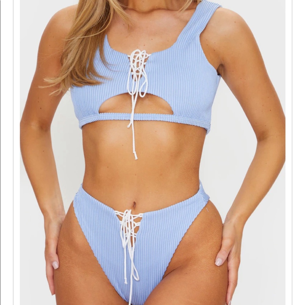 PrettyLittleThing Ribbed Lace Up High Rise Bikini
